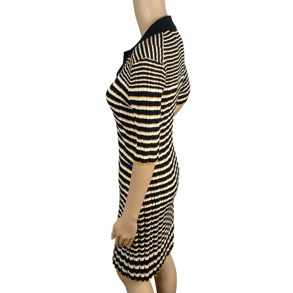 Theory Hudson Irregular Rib Dress M Black Ivory Gold Stripe Polo Collar Mini - Picture 9 of 12